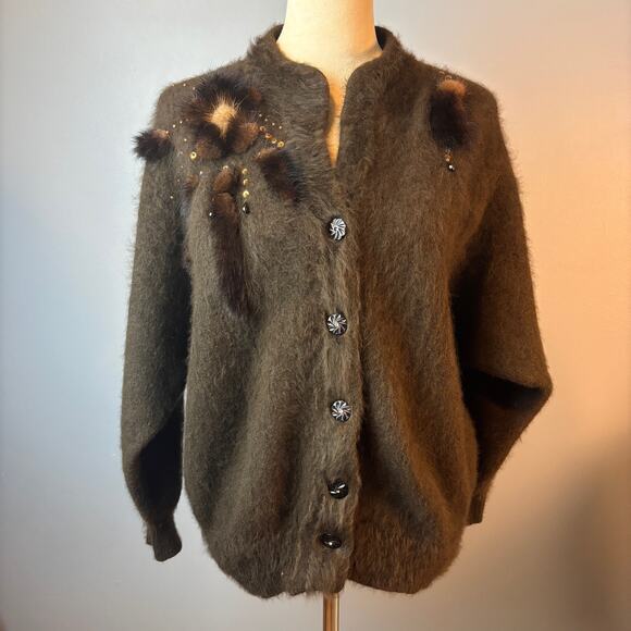Vintage Big Star Keo Sung Fur Sweater Cardigan Button Up Stand Up Collar - Picture 1 of 9